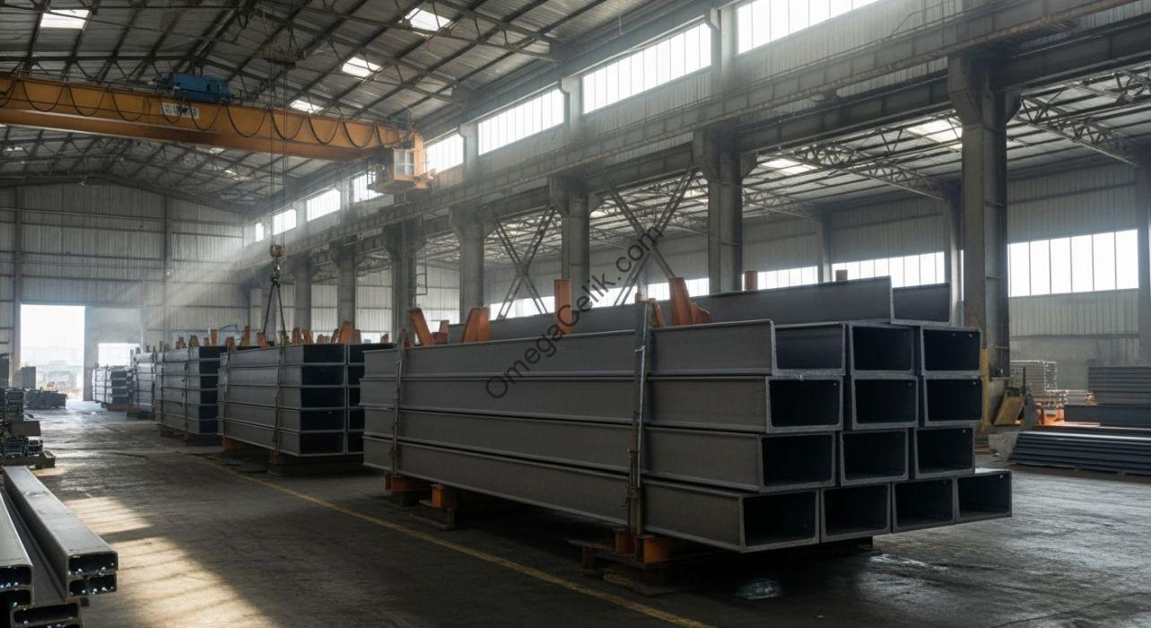 Çelik konstrüksiyon bir binanın şantiyesinde kullanılan NPU demir profiller